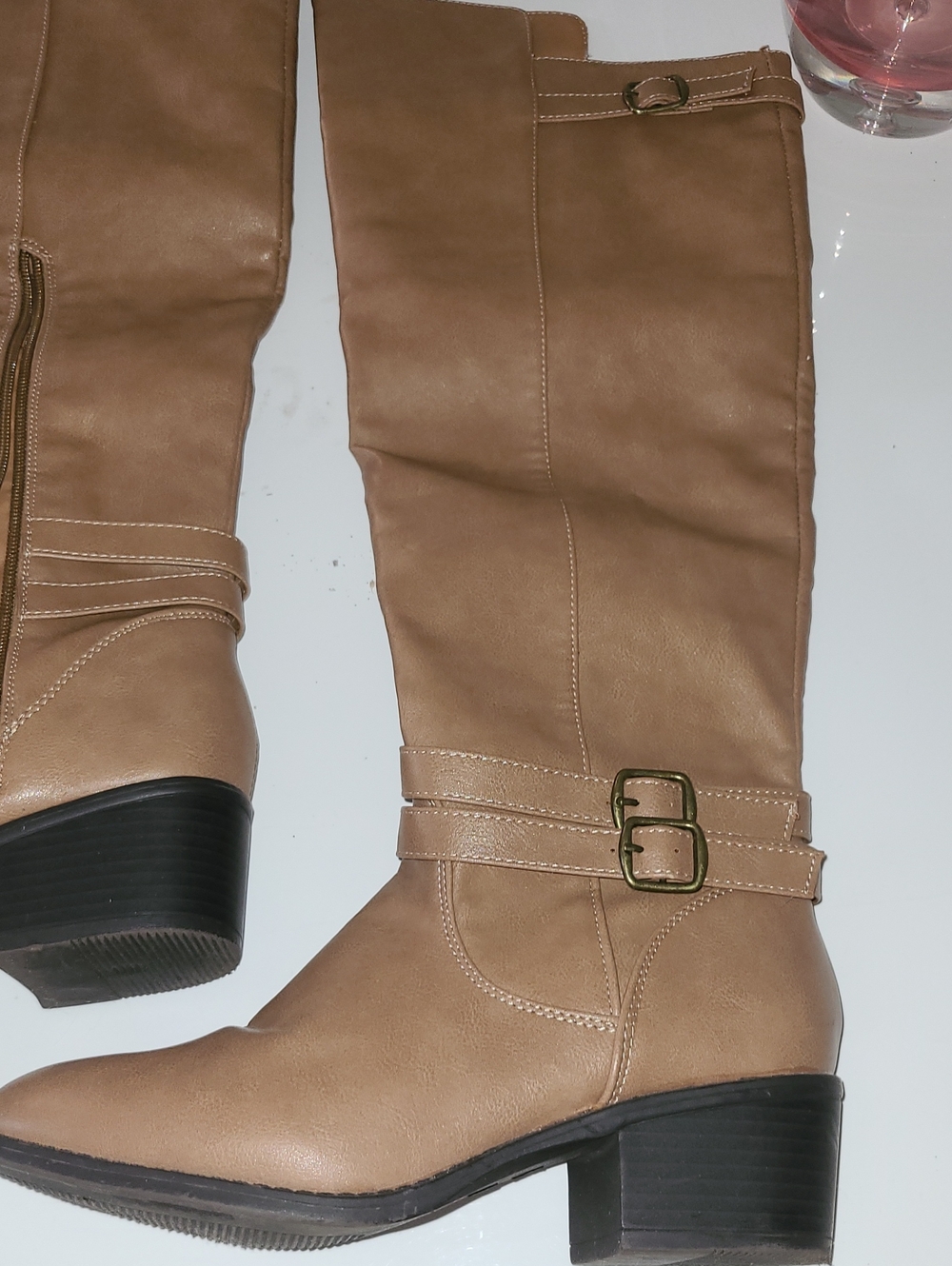 Tan Mid-Calf Buckle Block Heel Boots